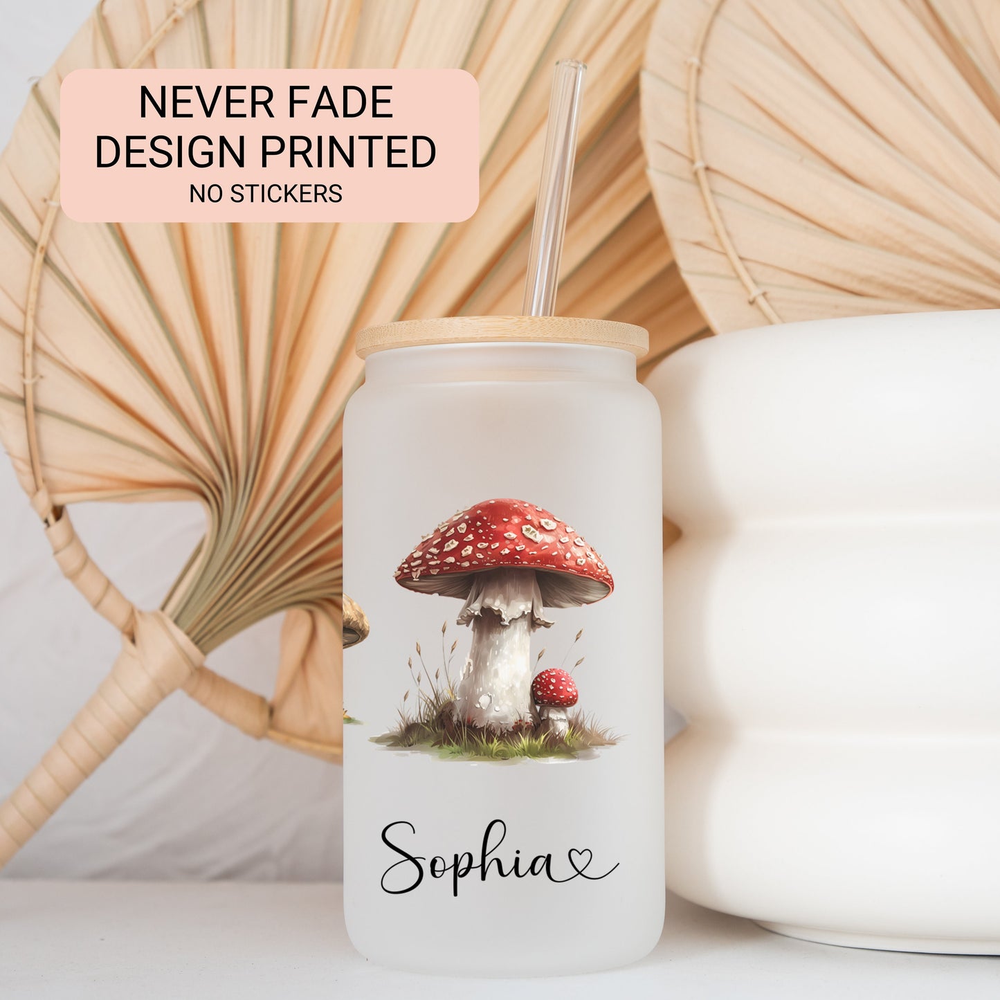 Personalized Retro Mushroom Frosted Glass Cup - Custom Tumbler for Iced Drinks