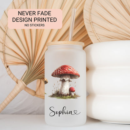 Personalized Retro Mushroom Frosted Glass Cup - Custom Tumbler for Iced Drinks