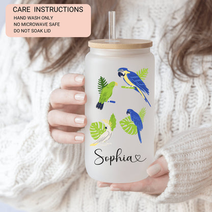 Personalized Parrot Frosted Glass Tumbler - Custom Tropical Iced Coffee Cup for Bird Lovers