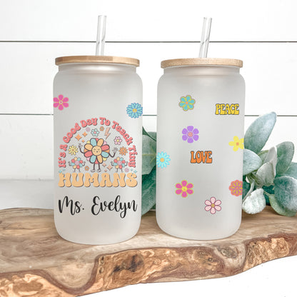 Personalized Teacher Frosted Glass Tumbler - Iced Coffee Cup for Tiny Humans
