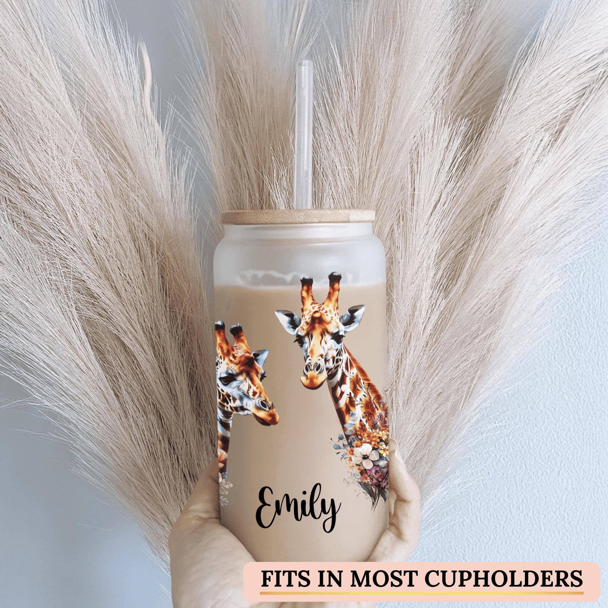 Giraffe-themed iced coffee glass perfect as a trendy and personalized cup for animal lovers and giraffe fans