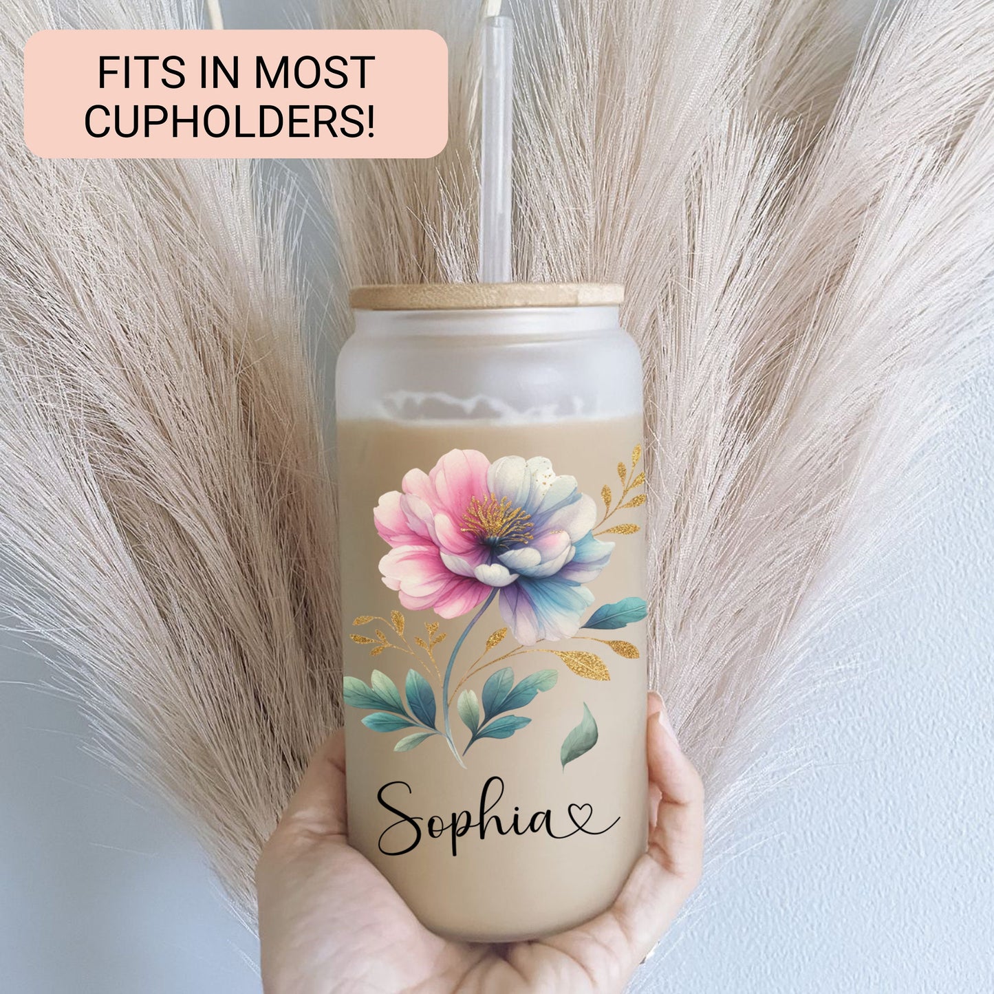 Custom Pastel Floral Frosted Glass Cup - Stylish Iced Coffee Tumbler