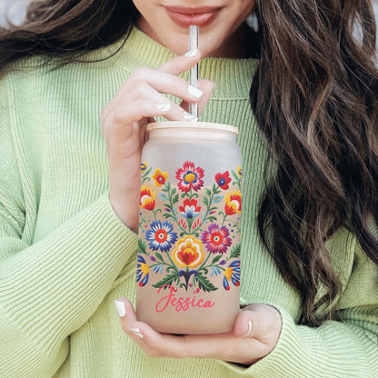 Custom floral glass cup inspired by traditional Mexican embroidery perfect for gifting to Latinas or embroidery lovers
