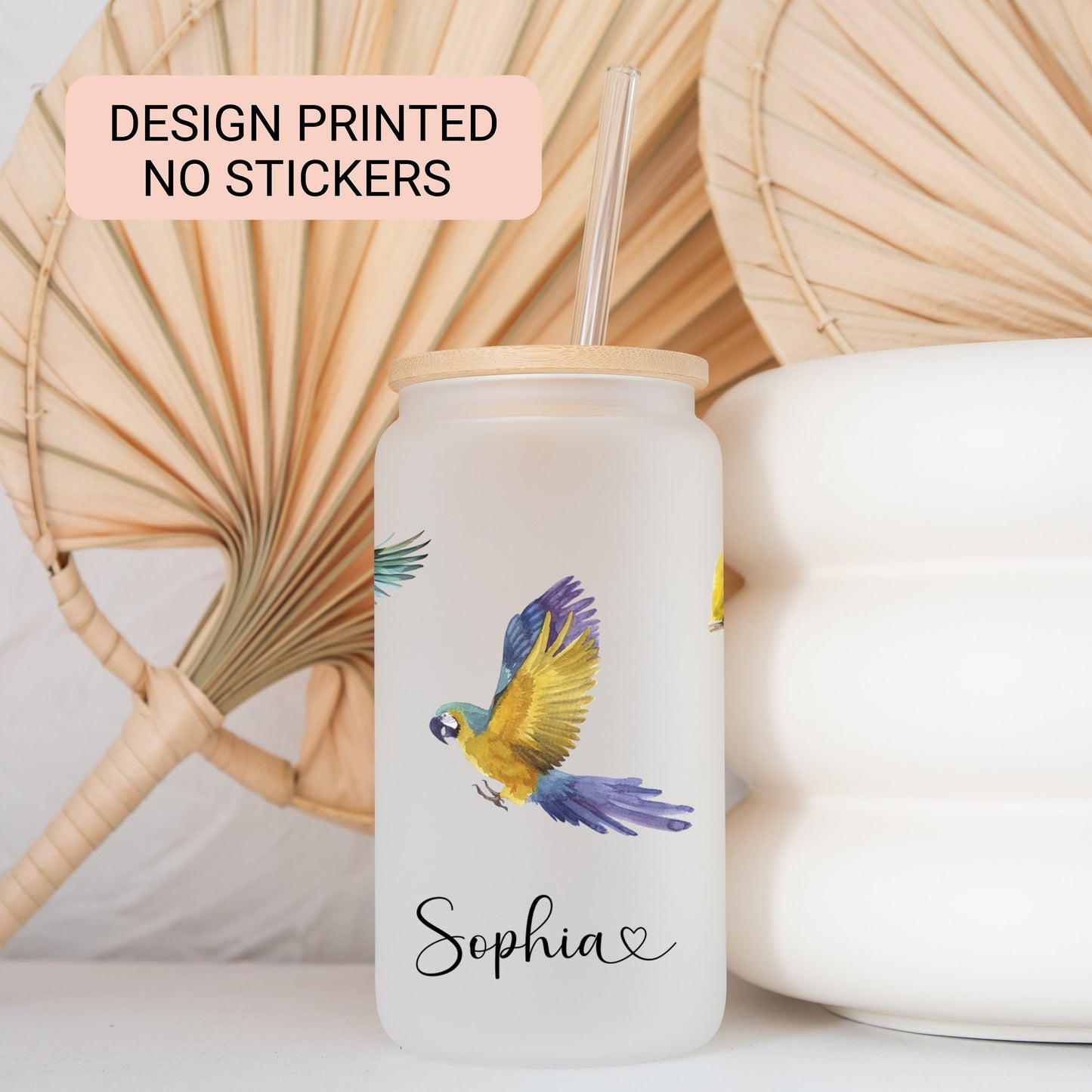 Personalized Parrot Glass Tumbler - Custom Frosted Cup for Coffee Lovers