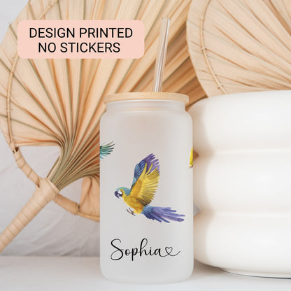 Personalized Parrot Glass Tumbler - Custom Frosted Cup for Coffee Lovers