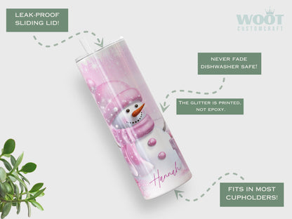 Personalized Pink Snowman Christmas Tumbler - Cute Holiday Gift for Her