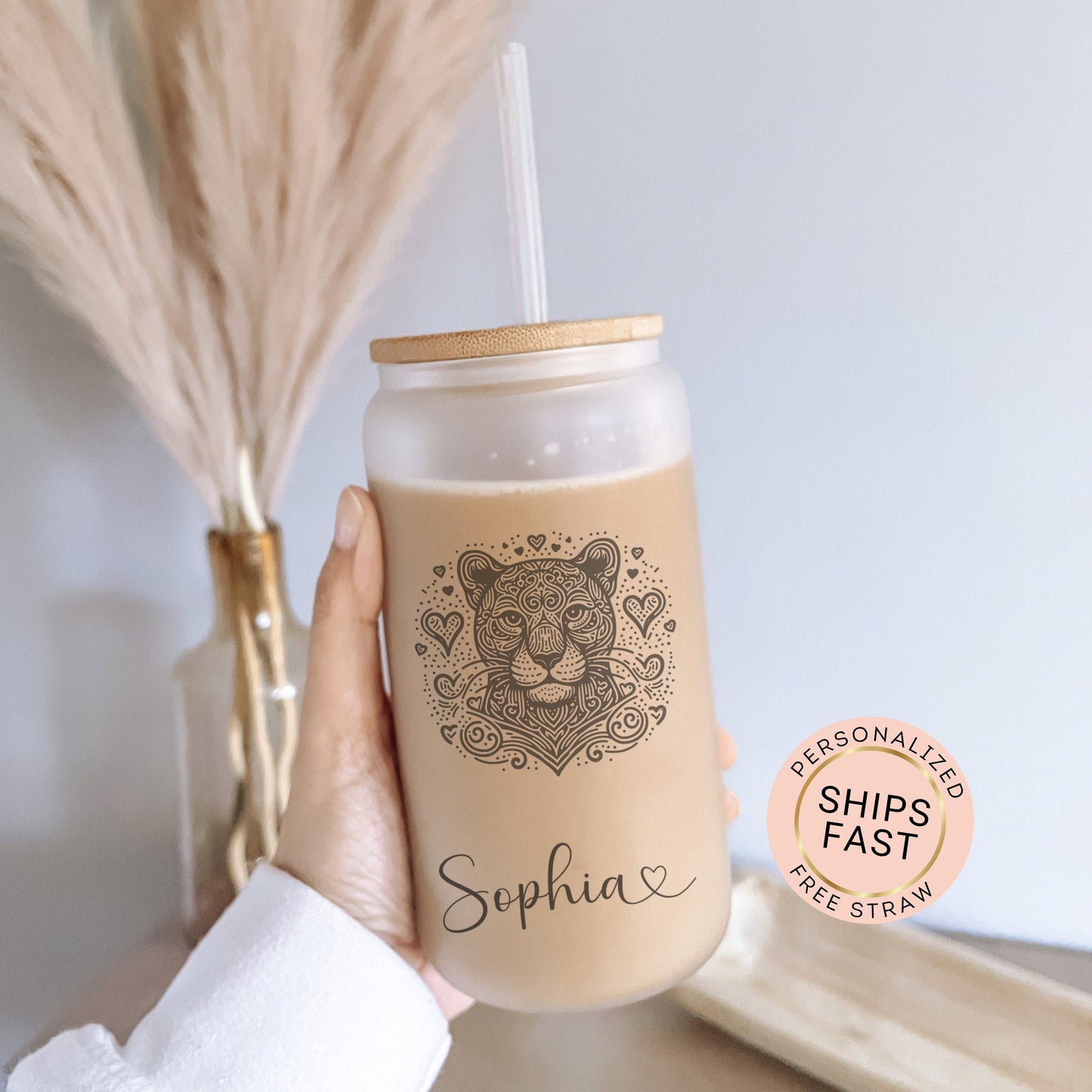 Personalized Jaguar Frosted Glass Cup - Custom Iced Coffee Tumbler for Jaguar Lovers