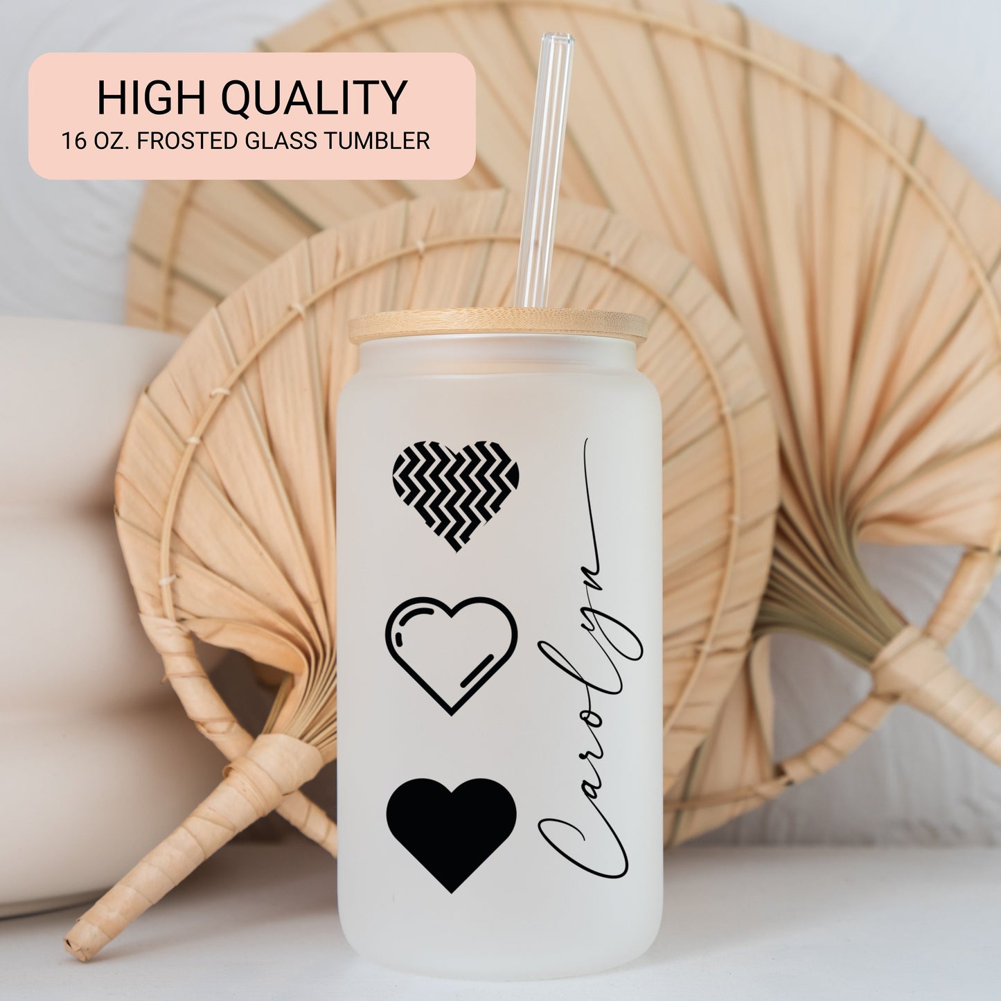 Heart Cup Personalized, B&W Heart Glass Cup, Custom Heart Frosted Glass Cup, Heart Glass Tumbler B and W, Heart Iced Coffee Cup Love Cup