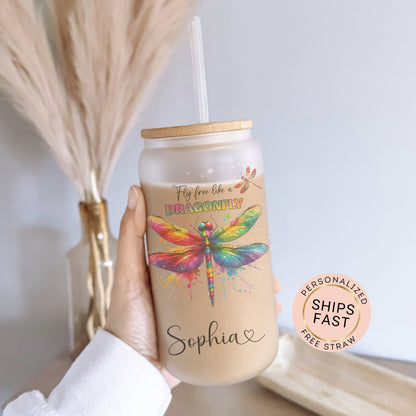 Personalized Dragonfly Frosted Glass Tumbler - Custom Fly Free Iced Coffee Cup