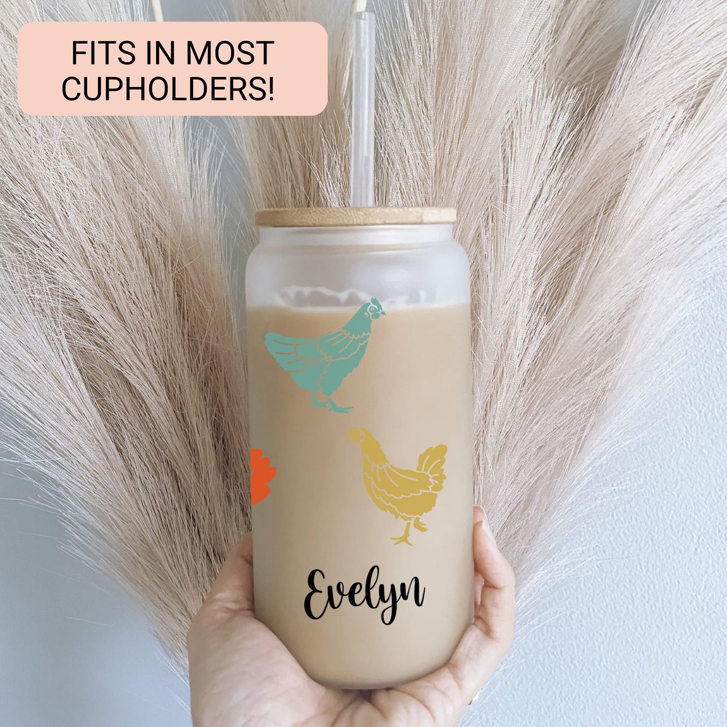 Personalized Chicken Frosted Glass Tumbler - Custom Iced Coffee Cup Gift
