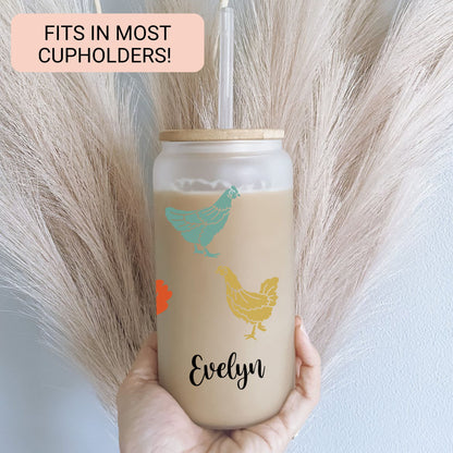 Personalized Chicken Frosted Glass Tumbler - Custom Iced Coffee Cup Gift