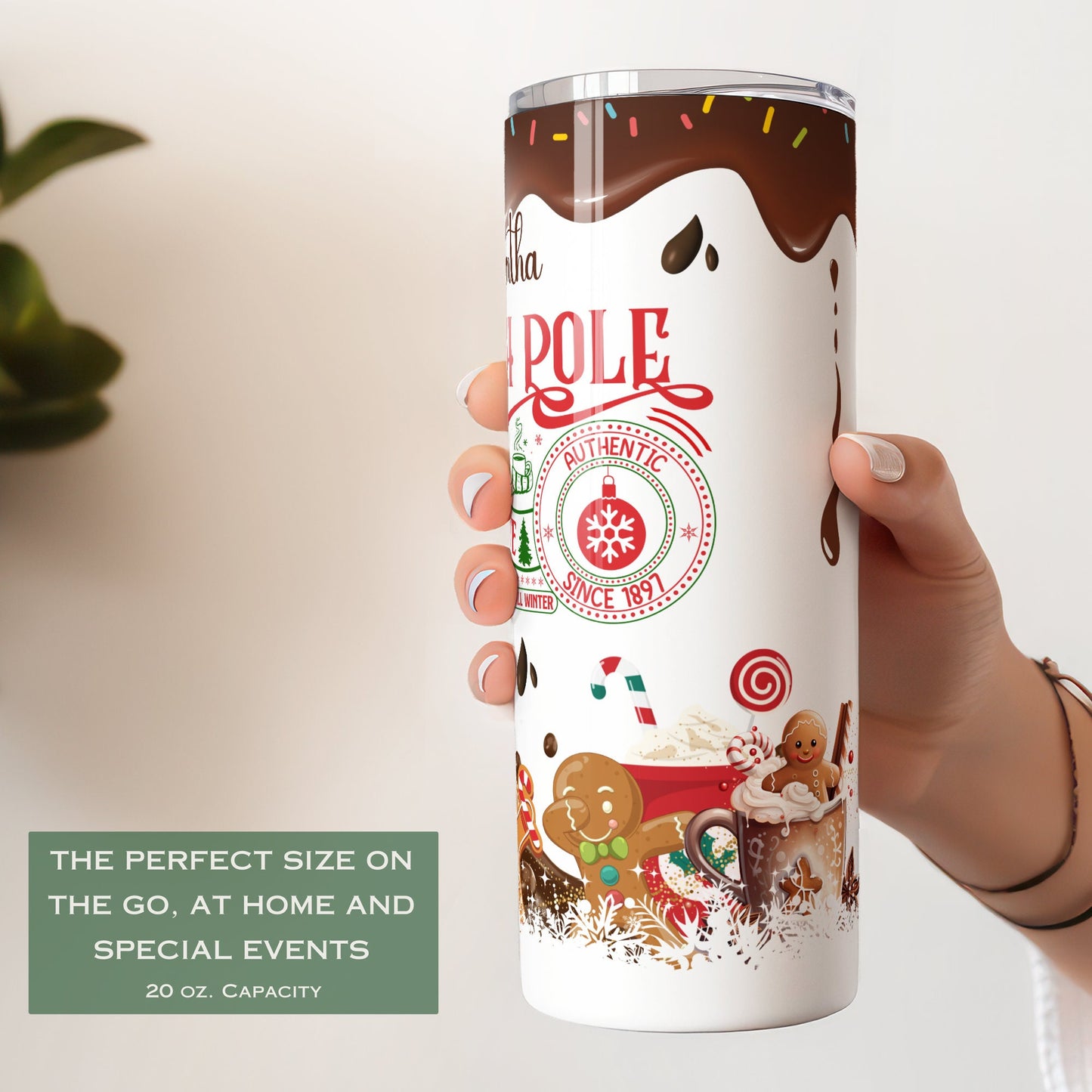 Personalized North Pole Tumbler - Christmas Gift with Gingerbread Design
