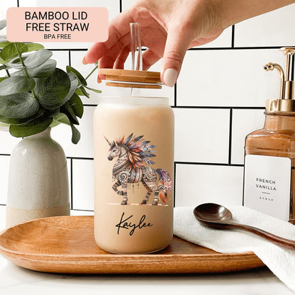 Personalized Unicorn Frosted Glass Cup - Custom Native Unicorn Tumbler for Iced Coffee Lovers