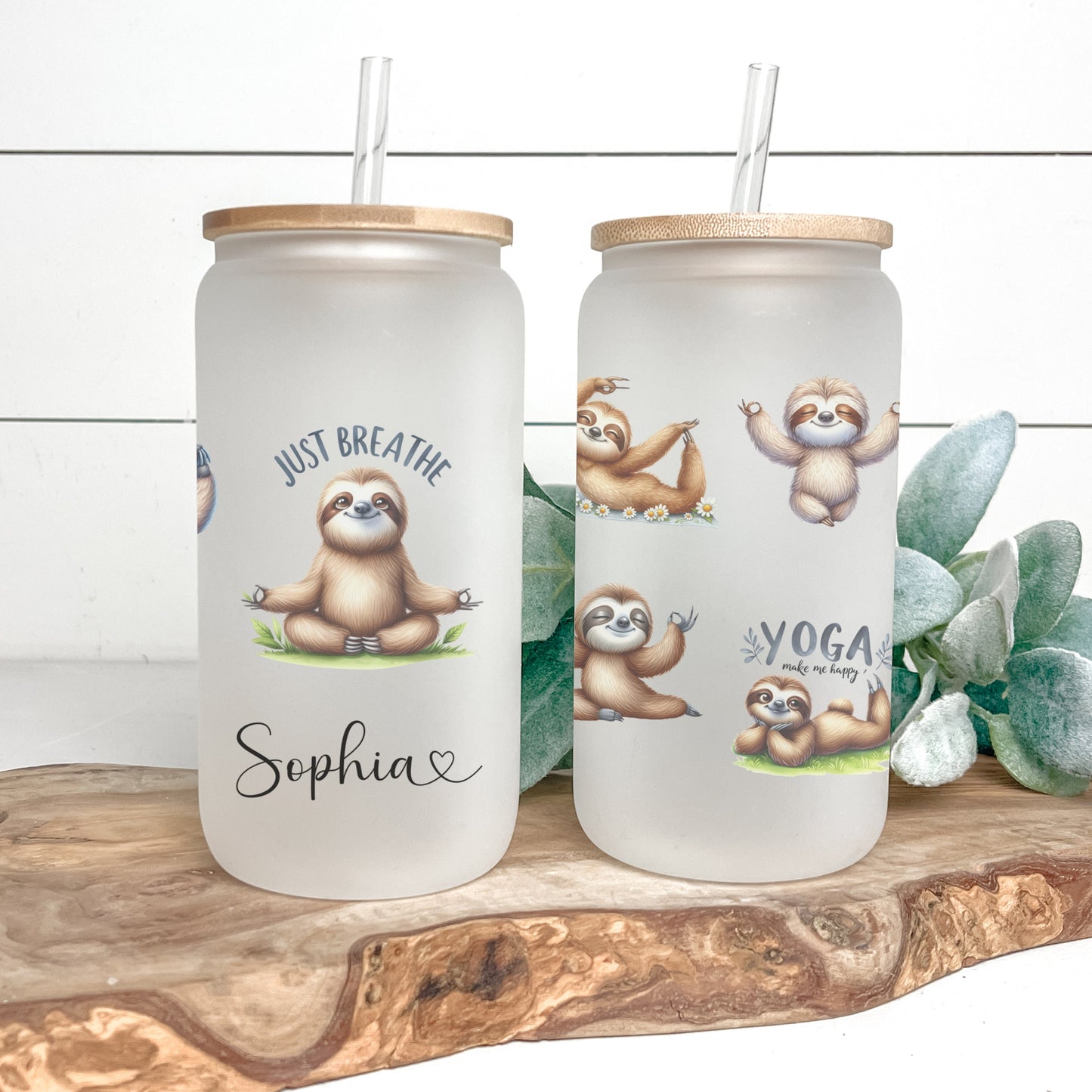 Personalized Sloth Yoga Glass Tumbler - Custom Iced Coffee Cup