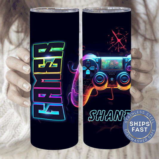 Gaming Tumbler Personalized PlayStation Gift Custom Gamer Cup 20oz Tumbler Neon Name Gift for Gamer Birthday Gift Christmas Gift Boyfriend Gift Girlfriend Gift Gaming Room Decor Gaming Accessories