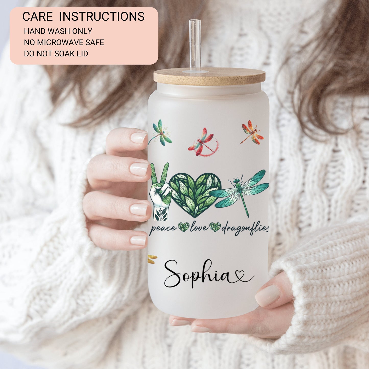 Personalized Dragonfly Frosted Glass Cup - Custom Engraved Coffee Mug | Peace & Love Design
