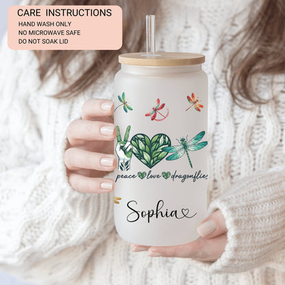 Personalized Dragonfly Frosted Glass Cup - Custom Engraved Coffee Mug | Peace & Love Design