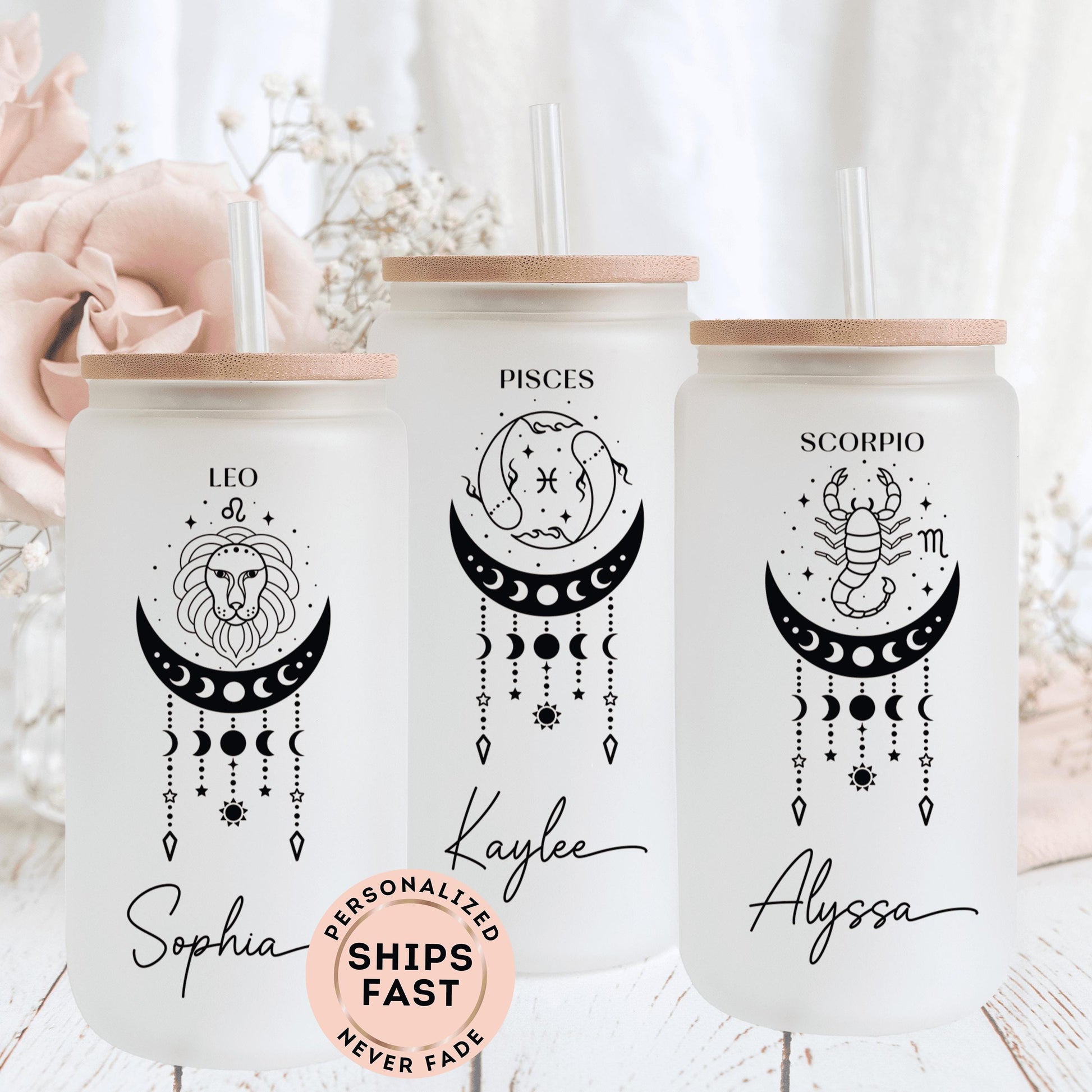 Personalized zodiac glass tumbler featuring astrology-inspired design perfect as a birthday gift for her