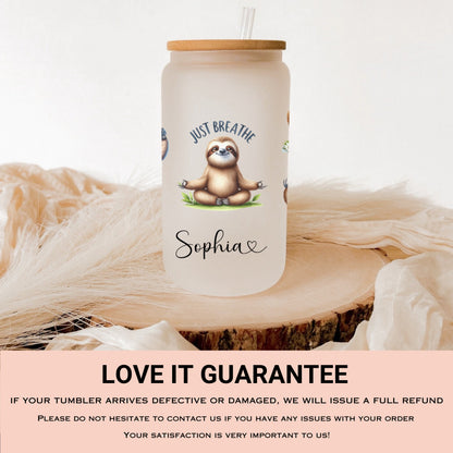 Personalized Sloth Yoga Glass Tumbler - Custom Iced Coffee Cup