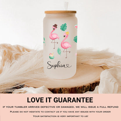 Personalized Flamingo Frosted Glass Tumbler - Custom Iced Coffee Cup