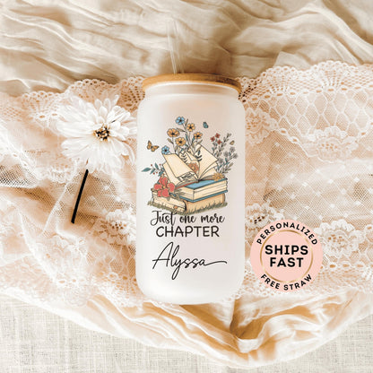 Personalized reader glass cup featuring Just One More Chapter design perfect for book lovers who enjoy iced coffee or tea