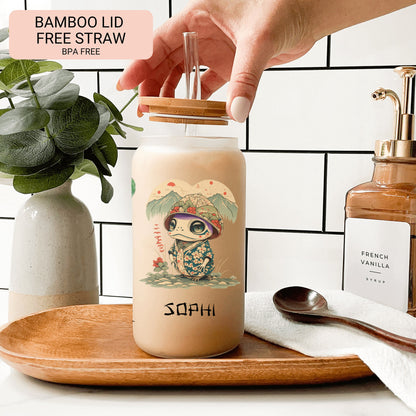 Personalized Japanese Frog Glass Cup - Unique Custom Iced Coffee Gift