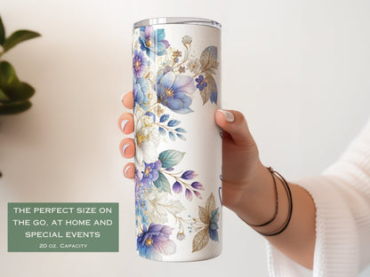 Personalized Purple Floral Glitter Tumbler - Fall Gift for Her or Purple Lovers