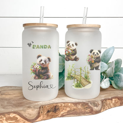 Personalized Panda Glass Cup - Custom Frosted Tumbler for Coffee Lovers
