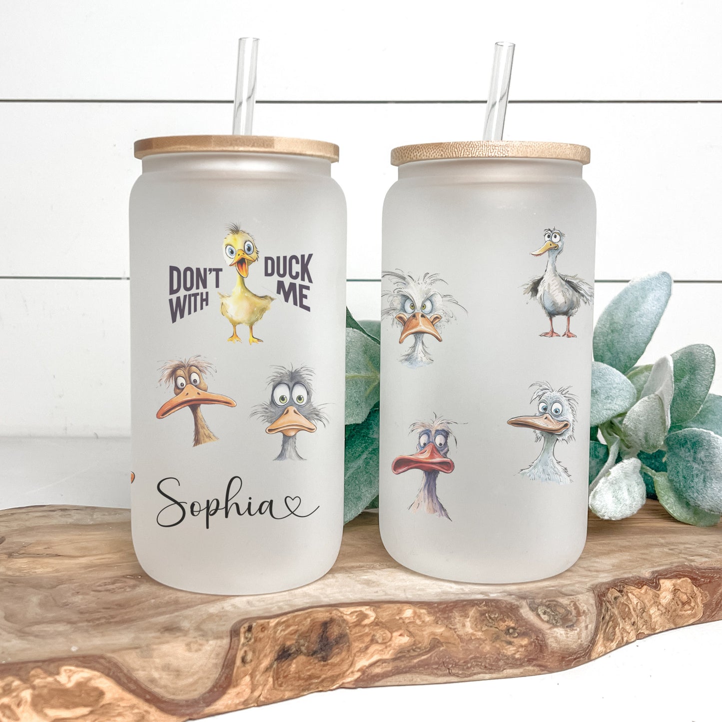 Personalized Funny Duck Frosted Glass Tumbler - Custom Iced Coffee Cup for Duck Lovers