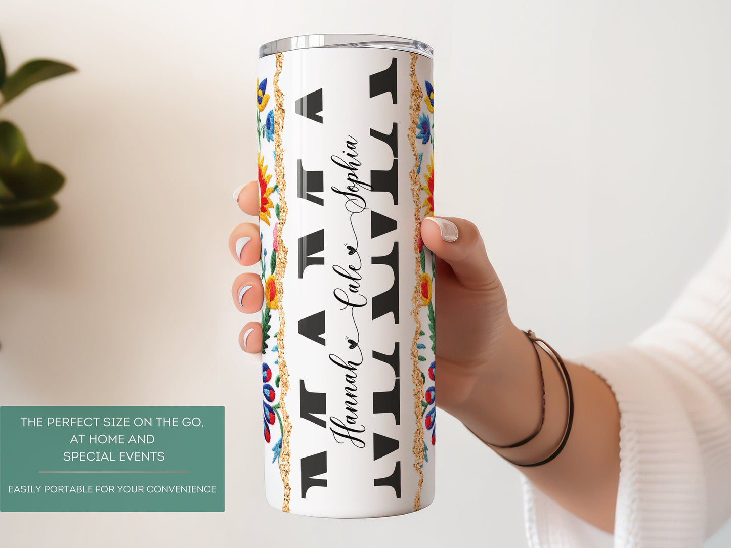 Custom Mama Tumbler - Personalized Gift with Kids' Names and Mexican Embroidery Design