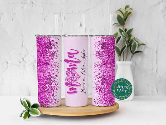 Personalized Mom Glitter Tumbler - Custom Purple Gift with Kids' Names for Mothers Day