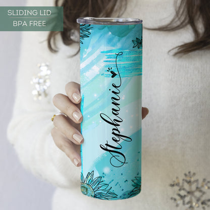 Personalized Teal Sunflower Tumbler - Custom Gift for Women