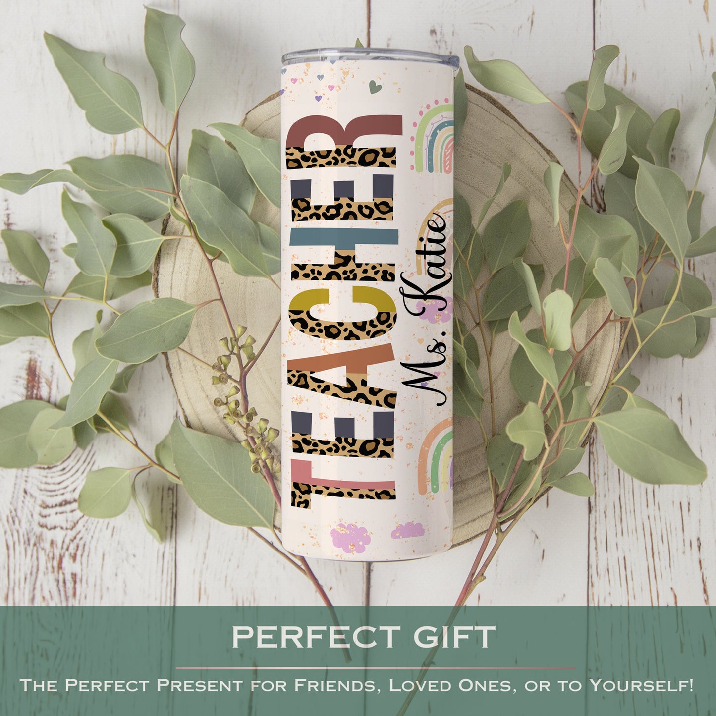 Custom Rainbow Teacher Tumbler - Personalized Travel Cup Gift for Educators
