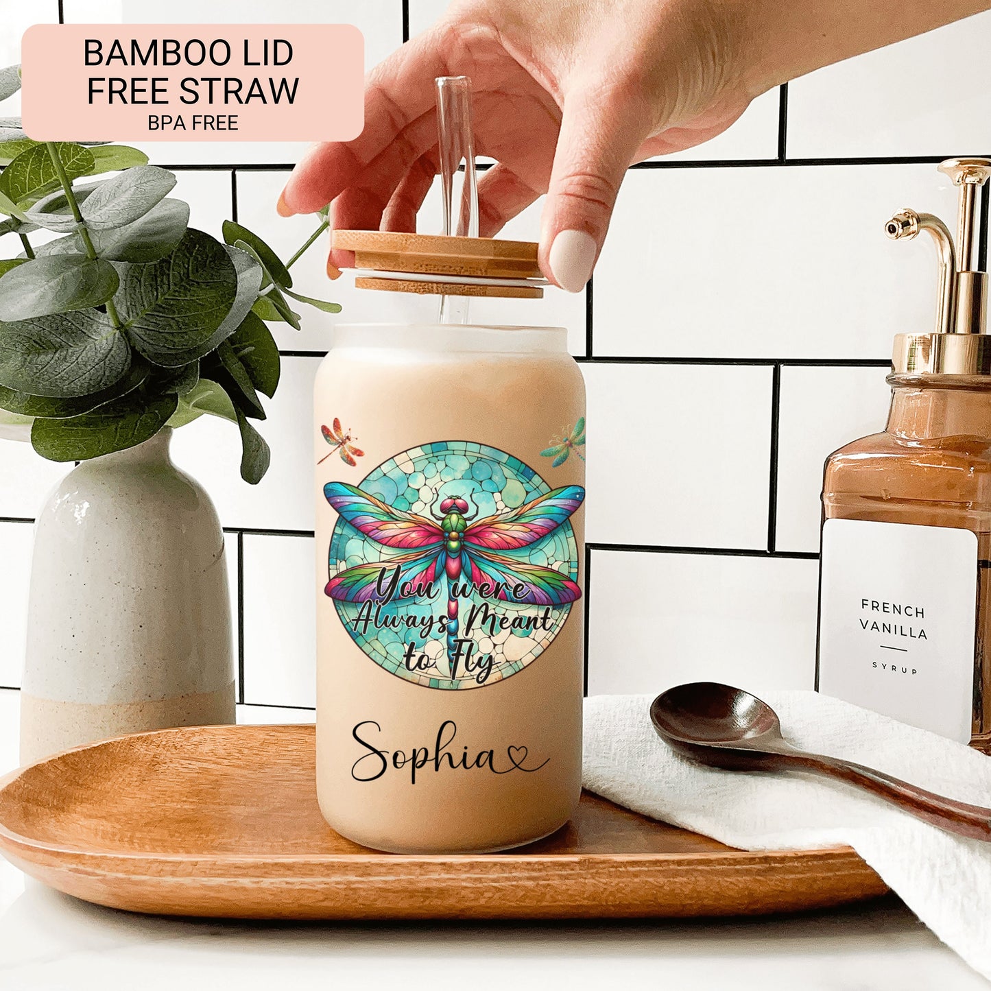 Personalized Dragonfly Glass Cup - Custom Frosted Tumbler for Coffee Lovers