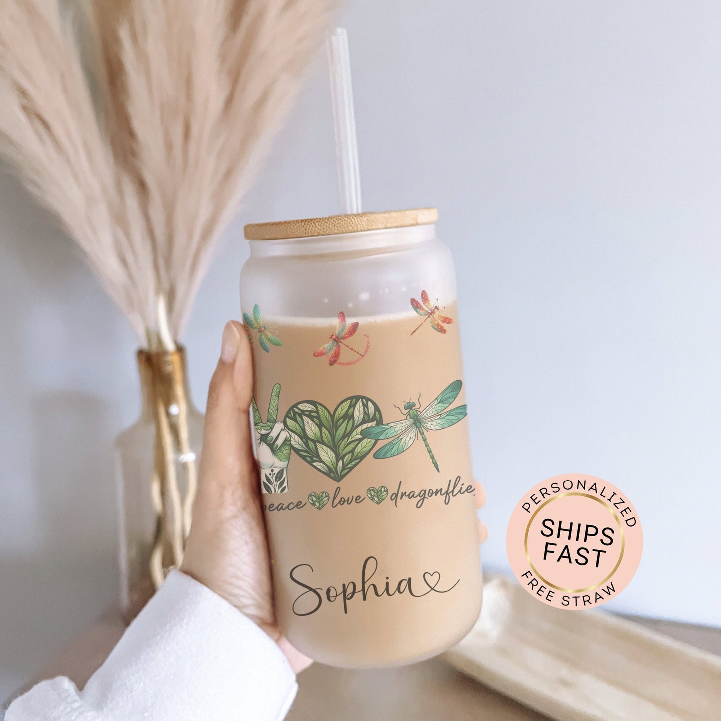 Personalized Dragonfly Frosted Glass Cup - Custom Engraved Coffee Mug | Peace & Love Design