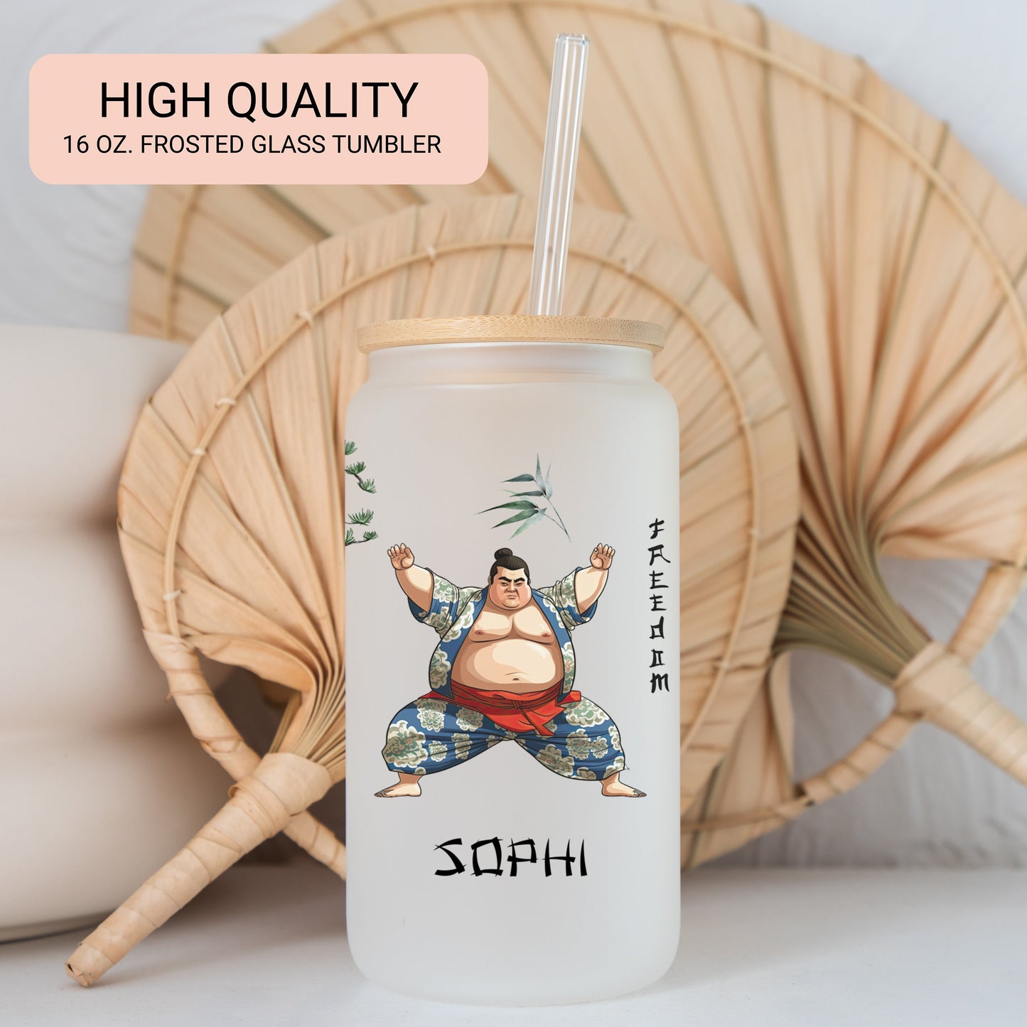 Personalized Japanese Sumo Glass Cup - Custom Iced Coffee Tumbler Gift