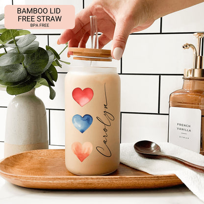 Personalized Watercolor Heart Tumbler - Frosted Glass Gift for Coffee Lovers