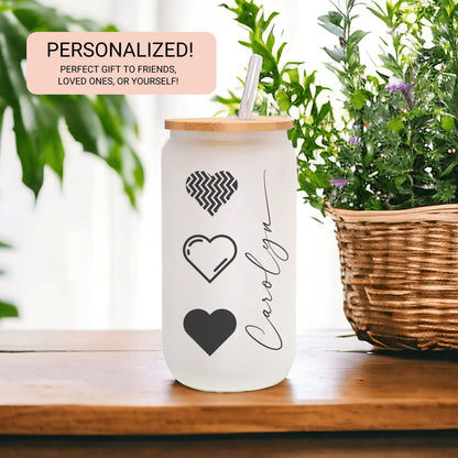 Heart Cup Personalized, B&W Heart Glass Cup, Custom Heart Frosted Glass Cup, Heart Glass Tumbler B and W, Heart Iced Coffee Cup Love Cup