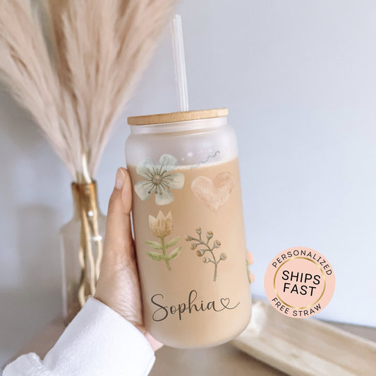 Custom Modern Floral Frosted Glass Tumbler - Stylish Iced Coffee Cup