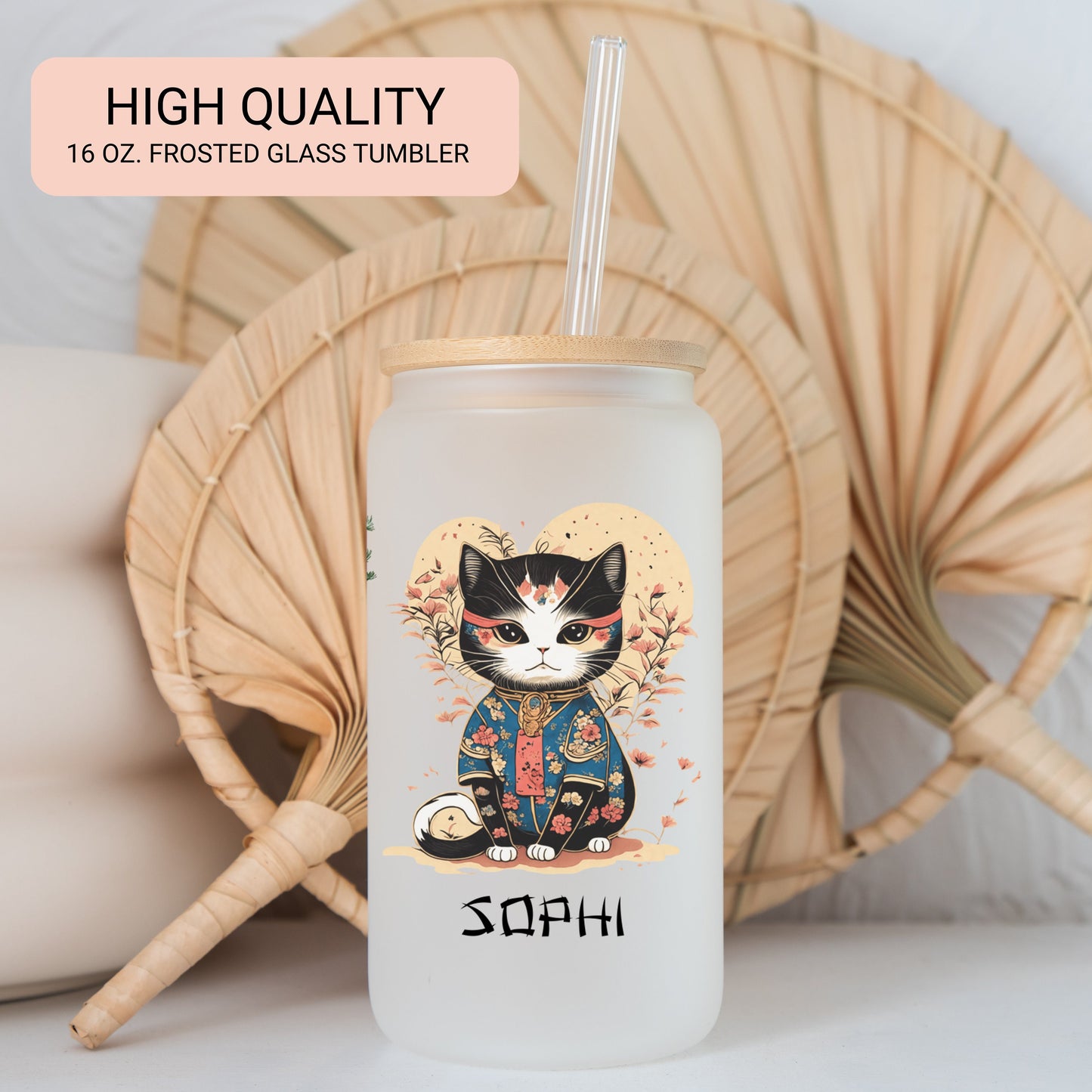 Personalized Japanese Cat Glass Tumbler - Custom Iced Coffee Gift for Cat Lovers