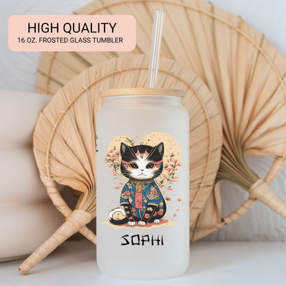 Personalized Japanese Cat Glass Tumbler - Custom Iced Coffee Gift for Cat Lovers