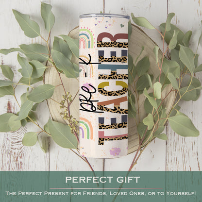 Personalized Rainbow Pre-K Teacher Tumbler - Cheetah Print Travel Gift