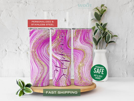Personalized Pink Glitter Swirl Tumbler - Mothers Day or Bridesmaid Gift