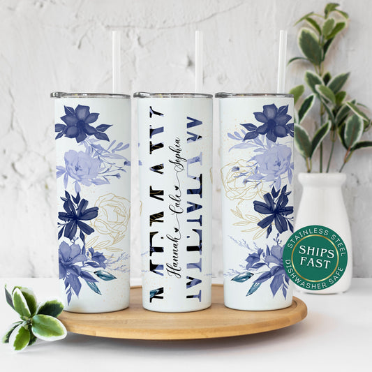 Personalized Memaw Tumbler - Custom Floral Travel Mug with Kids' Names