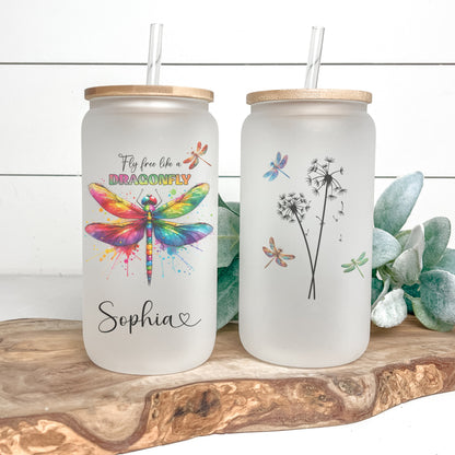Personalized Dragonfly Frosted Glass Tumbler - Custom Fly Free Iced Coffee Cup