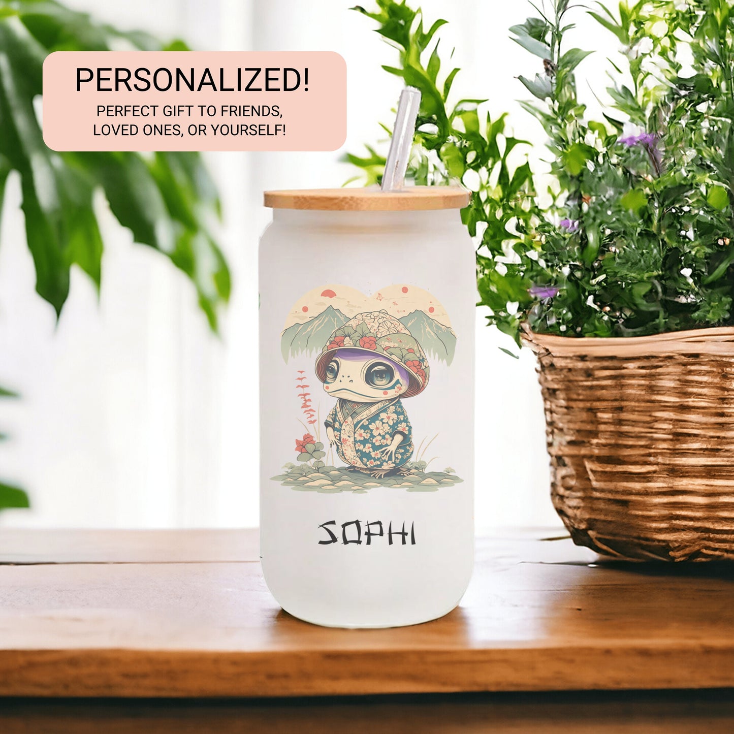 Personalized Japanese Frog Glass Cup - Unique Custom Iced Coffee Gift
