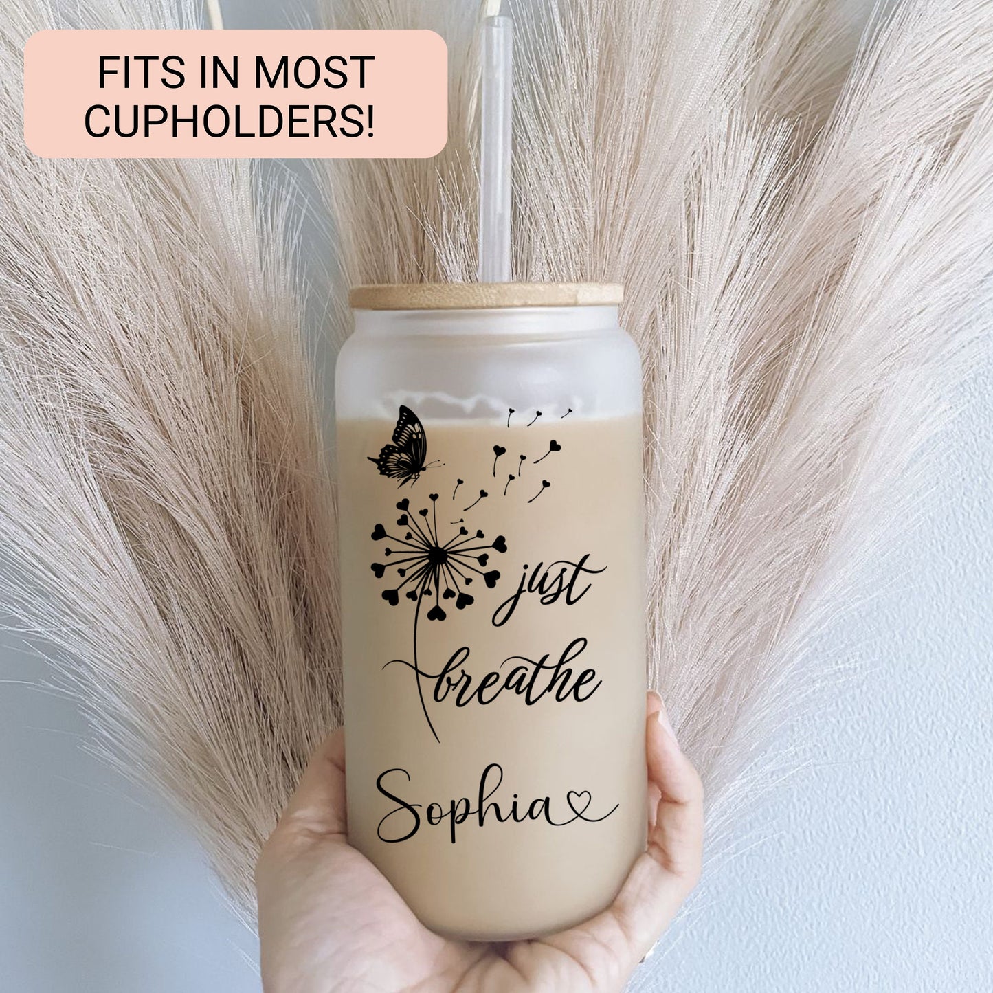 Personalized Just Breathe Frosted Glass Cup - Custom Engraved Gift Can