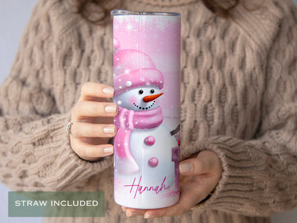 Personalized Pink Snowman Christmas Tumbler - Cute Holiday Gift for Her