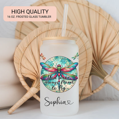 Personalized Dragonfly Glass Cup - Custom Frosted Tumbler for Coffee Lovers