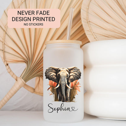 Personalized Elephant Glass Cup - Custom Frosted Iced Coffee Tumbler Gift for Her